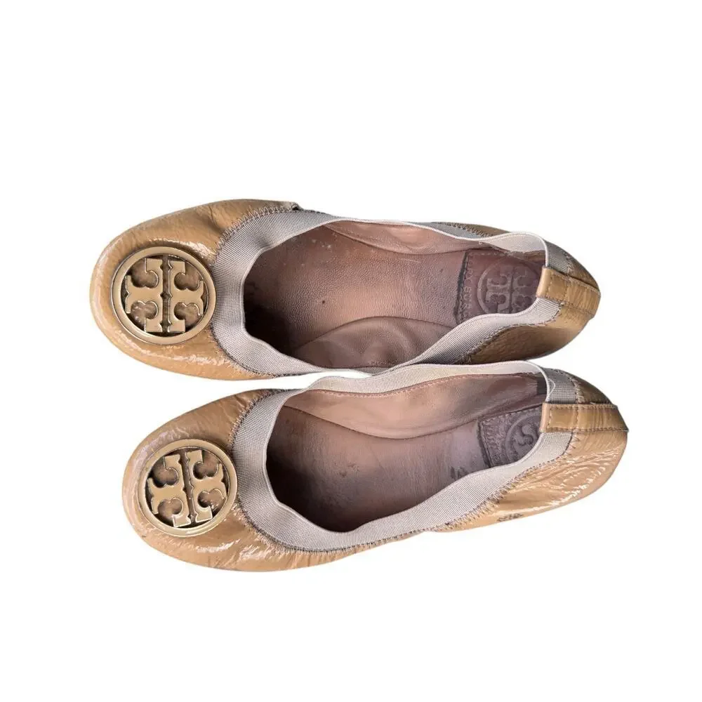 Tory Burch Caroline Ballet Flats Brown Patent Leather Logo‎ Size 5 M Pre-Owned